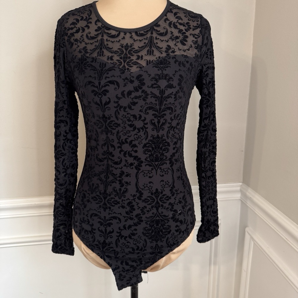 Xhilaration Velvet Burnout Bodysuit S Black Long sleeve Sweetheart Whimsigoth